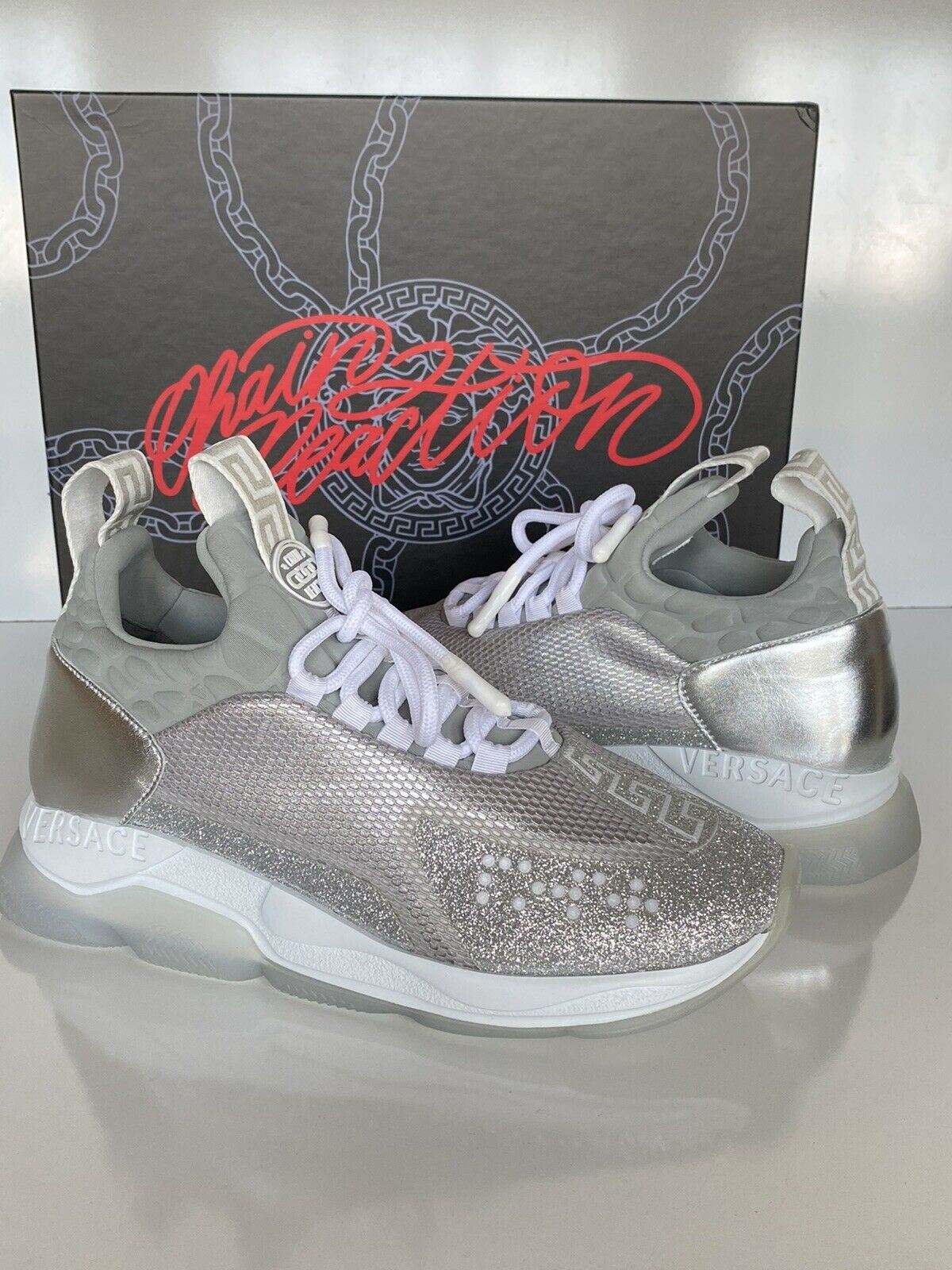 NIB Versace Silver Sparkle Chain Reaction Sneakers 8,5 US (38,5) Hergestellt in Italien 