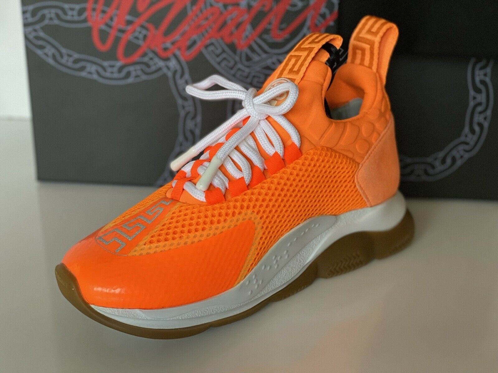 NIB Versace Orange Sparkle Chain Reaction Sneakers 6 US (36 EU) Made in Italy
