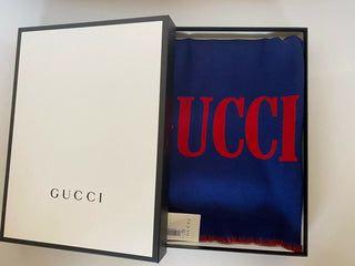 Neu mit Etikett: Gucci Guccium Blauer Woll-/Seidenschal 525559 35x180 Hergestellt in Italien 