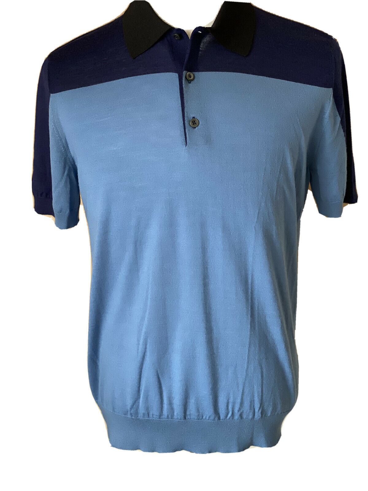 СЗТ $980 Prada шерстяная синяя рубашка-поло с коротким рукавом UMA950 Сделано в Италии