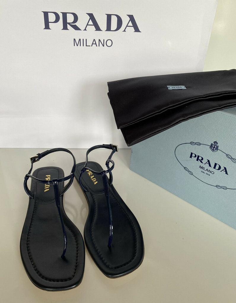 NIB $590 PRADA Women's T-Strap Thong Sandals Blue 8.5 US (38.5 Eu) 1Y558B IT