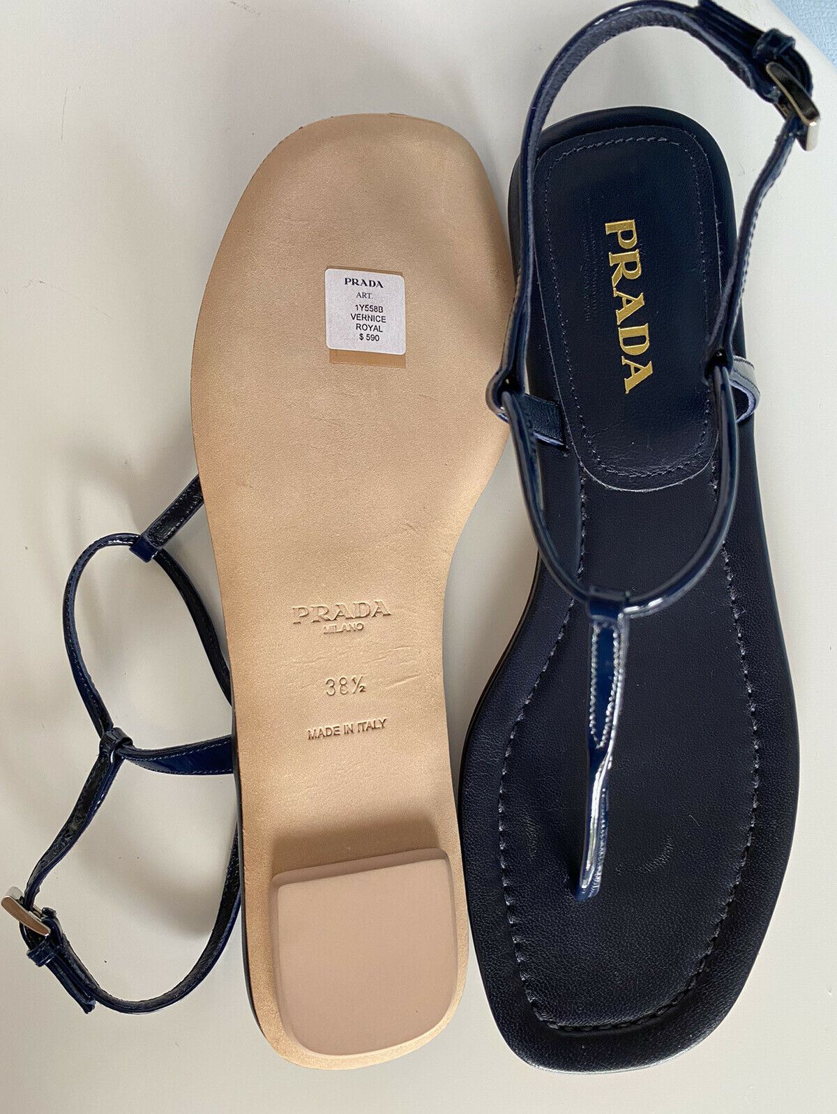 NIB $590 PRADA Women's T-Strap Thong Sandals Blue 8.5 US (38.5 Eu) 1Y558B IT