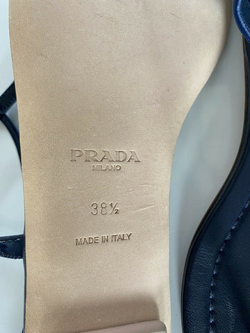 NIB $ 590 PRADA Damen-T-Strap-Tanga-Sandalen Blau 8,5 US (38,5 Eu) 1Y558B IT 