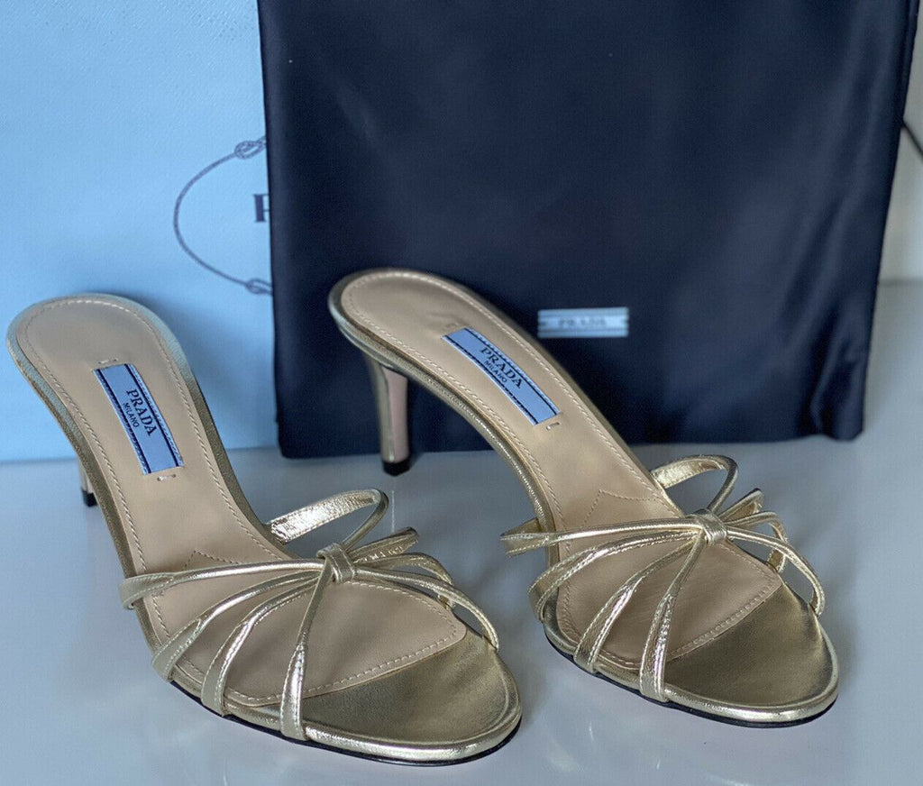 NIB PRADA Damen-Ledersandalen mit Stiletto-Absatz in Metallic-Gold, 7,5 US 1XX478 