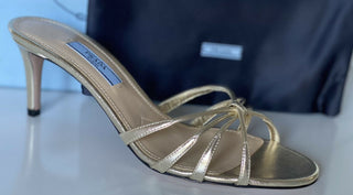 NIB PRADA Damen-Ledersandalen mit Stiletto-Absatz in Metallic-Gold, 7,5 US 1XX478 