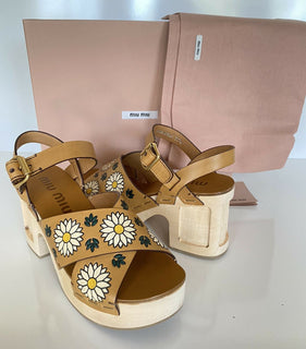 NIB MIU MIU Plateau-Keilsandalen aus Leder mit Blumendruck 7,5 US 5Z115D IT