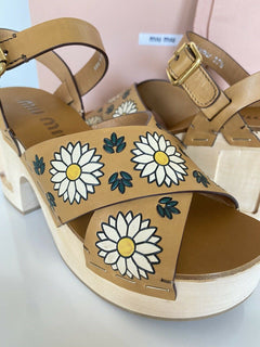 NIB MIU MIU Plateau-Keilsandalen aus Leder mit Blumendruck 7,5 US 5Z115D IT