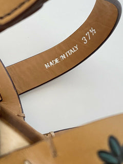 NIB MIU MIU Plateau-Keilsandalen aus Leder mit Blumendruck 7,5 US 5Z115D IT