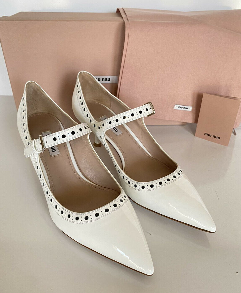 NIB MIU MIU PRADA Damen-Pumps aus weißem Lackleder mit Kitten-Absatz, 8 US 5I868C 