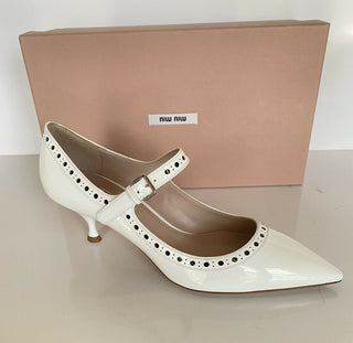 NIB MIU MIU PRADA Damen-Pumps aus weißem Lackleder mit Kitten-Absatz, 8 US 5I868C 