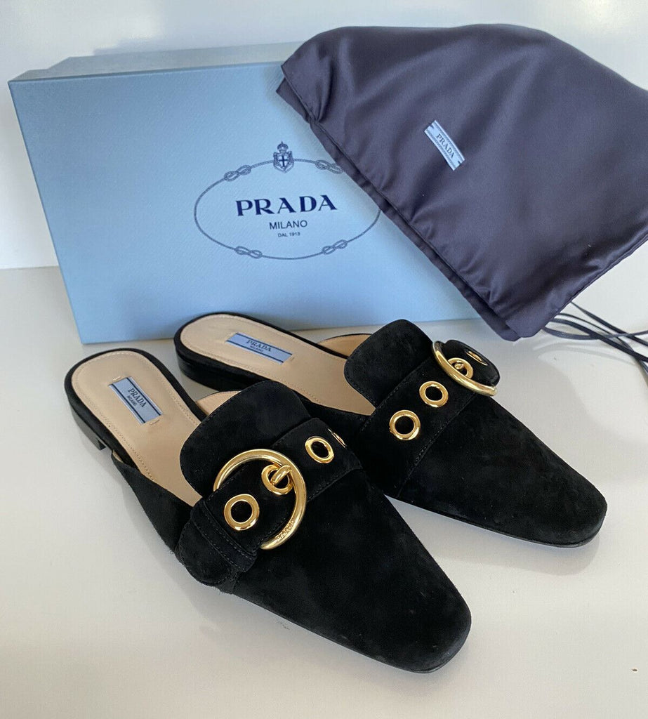 NIB PRADA Damen-Sandalen aus schwarzem Wildleder mit Schnalle, 9 US 1S663L IT 