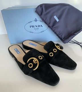 NIB PRADA Damen-Sandalen aus schwarzem Wildleder mit Schnalle, 9 US 1S663L IT 
