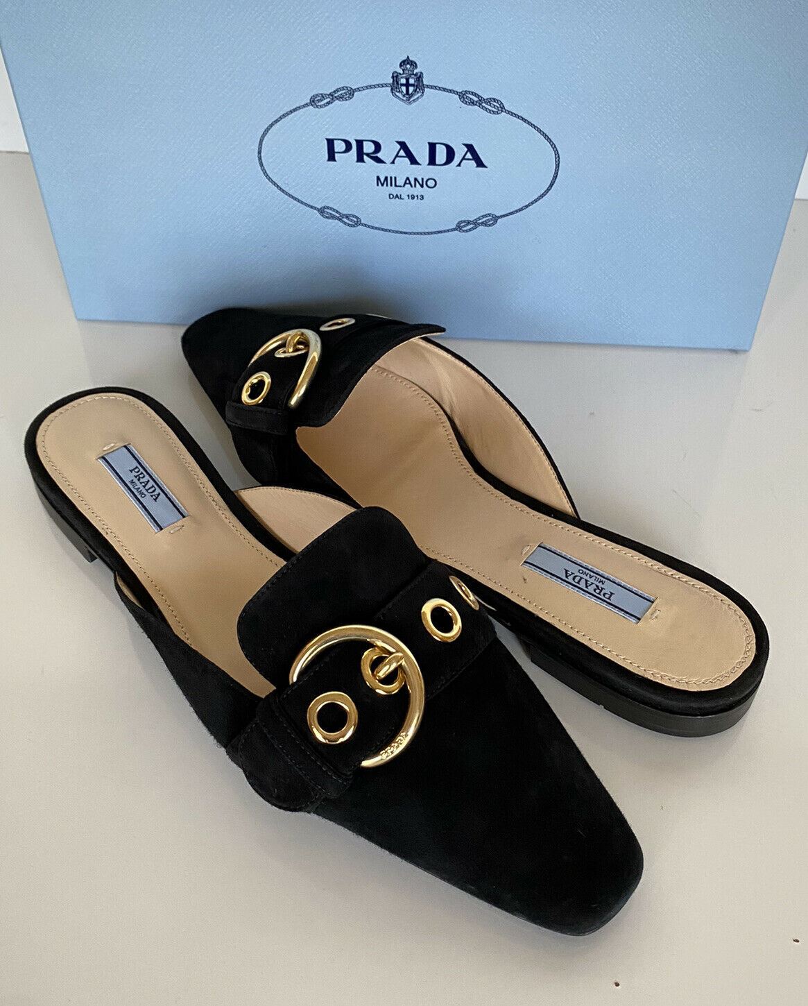 NIB PRADA Damen-Sandalen aus schwarzem Wildleder mit Schnalle, 9 US 1S663L IT 