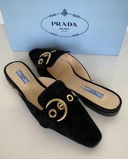 NIB PRADA Damen-Sandalen aus schwarzem Wildleder mit Schnalle, 9 US 1S663L IT 