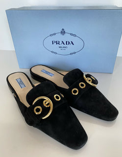 NIB PRADA Damen-Sandalen aus schwarzem Wildleder mit Schnalle, 9 US 1S663L IT 