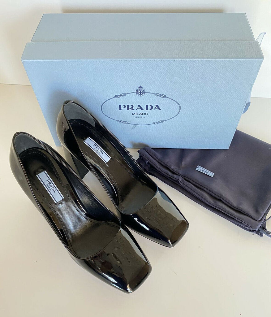 NIB $750 Prada Block Lackleder Schwarze Schuhe 7,5 US 1I983L IT