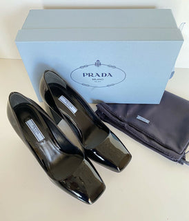 NIB $750 Prada Block Lackleder Schwarze Schuhe 7,5 US 1I983L IT