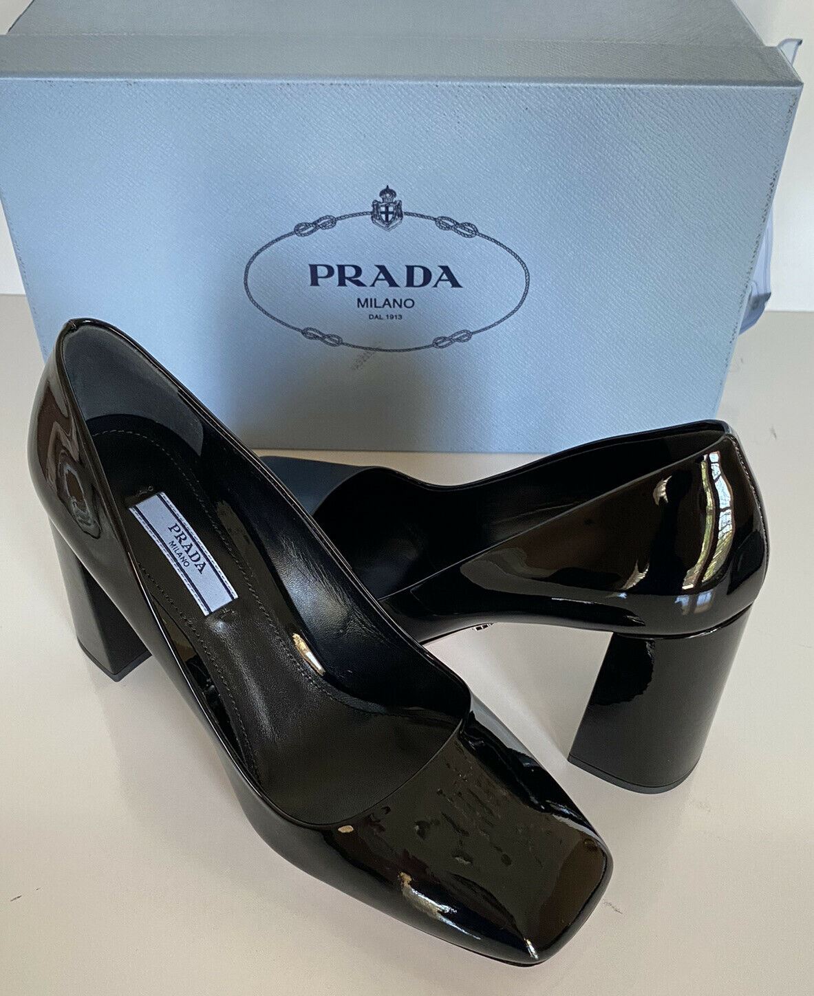 NIB $750 Prada Block Patent Leather Black Shoes 7.5 US 1I983L IT