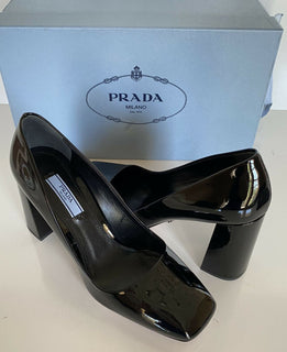 NIB $750 Prada Block Lackleder Schwarze Schuhe 7,5 US 1I983L IT