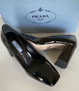 NIB $750 Prada Block Lackleder Schwarze Schuhe 7,5 US 1I983L IT