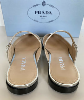 NIB PRADA Damen-Mule-Sandalen aus Metallic-Silber-Leder, 7,5 US 1F534L IT 