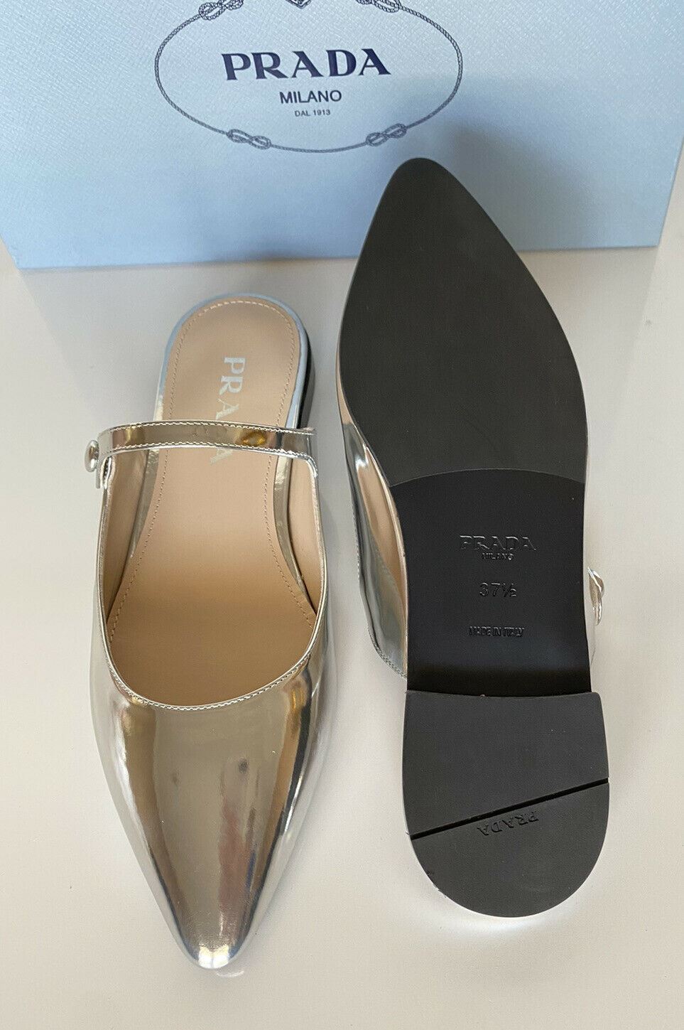 Женские кожаные сандалии-мюли цвета серебристого металлика NIB PRADA 7,5 US 1F534L IT 