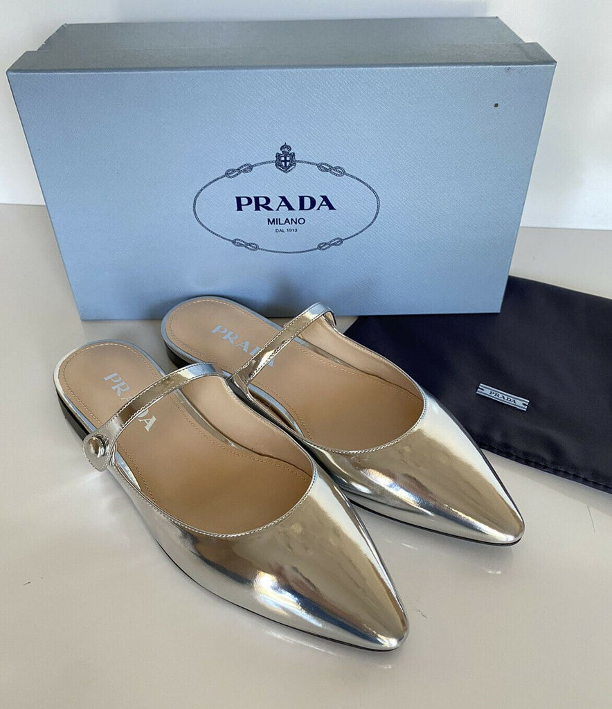 NIB PRADA Damen-Mule-Sandalen aus Metallic-Silber-Leder, 8 US 1F534L IT 