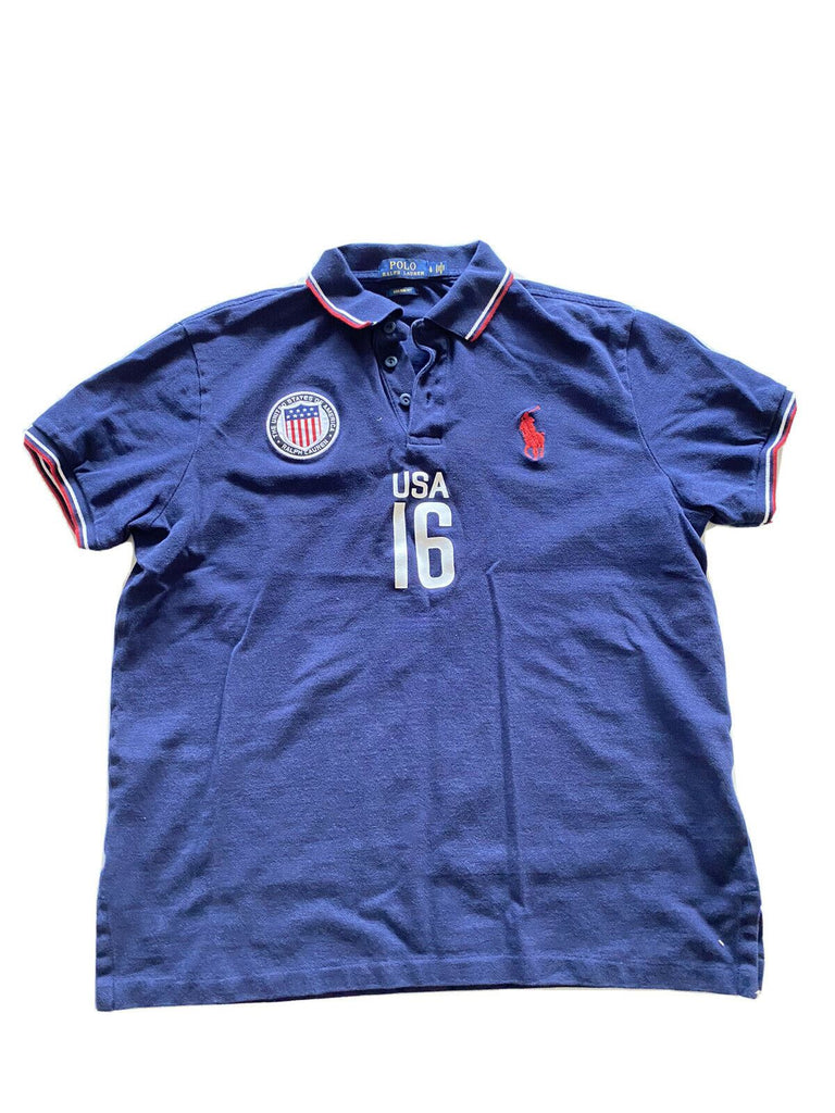 Polo Ralph Lauren USA Flag Custom Fit Polo Shirt L Blue