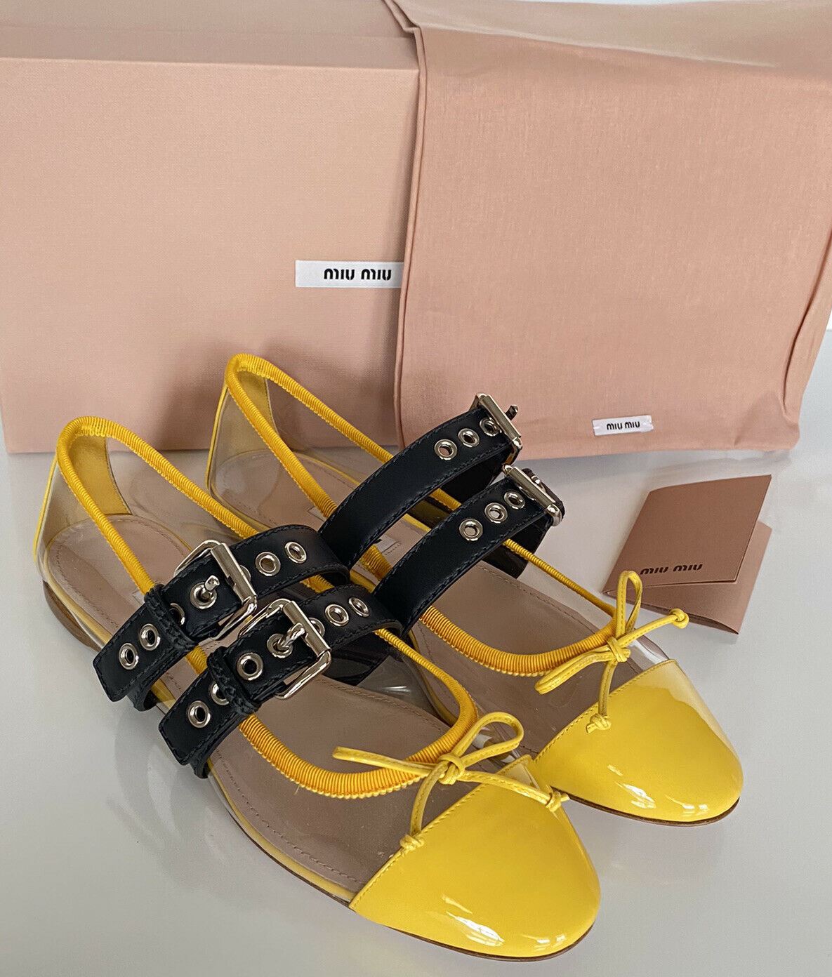NIB MIU MIU Damensandale mit transparenten und gelben Doppelbändern, 8,5 US 5F366C, Italien 