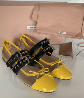 NIB MIU MIU Damensandale mit transparenten und gelben Doppelbändern, 10,5 US 5F366C IT 