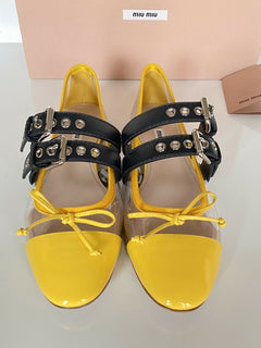 NIB MIU MIU Damensandale mit transparenten und gelben Doppelbändern, 10,5 US 5F366C IT 