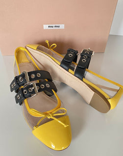 NIB MIU MIU Damensandale mit transparenten und gelben Doppelbändern, 10,5 US 5F366C IT 