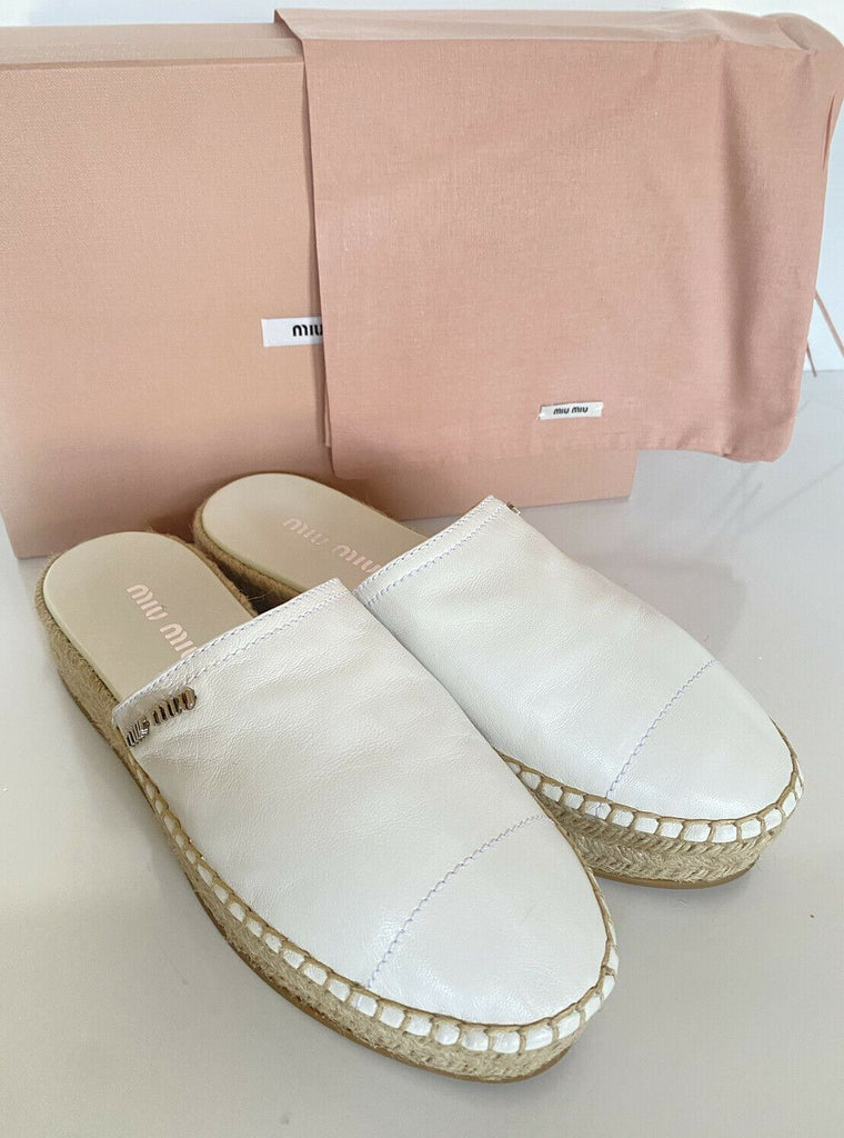 NIB MIU MIU Damen-Espadrille-Pantoletten aus weißem Leder, 10 US 5S787C 