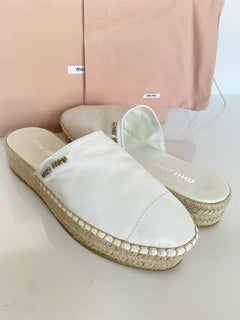 NIB MIU MIU Damen-Espadrille-Pantoletten aus weißem Leder, 10 US 5S787C 