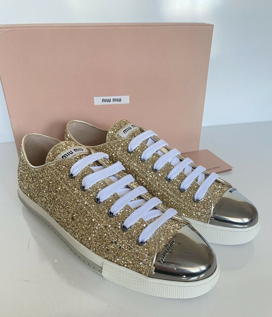 NIB Miu Miu Gold Glitter Damen Leder Metall Cap Toe Sneakers (40 Eu) 5E8998 