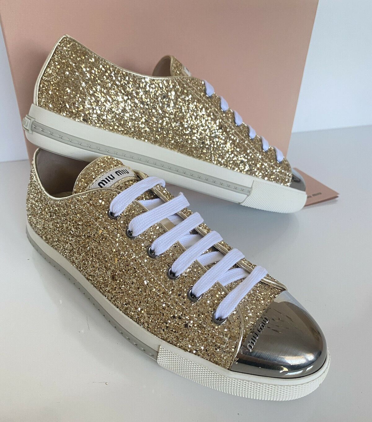NIB Miu Miu Gold Glitter Women's Leather Metal Cap Toe Sneakers (40 Eu) 5E8998