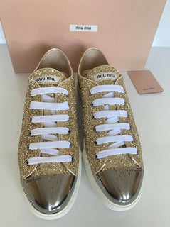 NIB Miu Miu Gold Glitter Damen Leder Metall Cap Toe Sneakers (40 Eu) 5E8998 