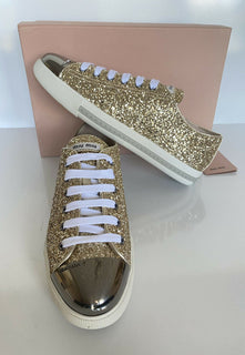 NIB Miu Miu Gold Glitter Damen Leder Metall Cap Toe Sneakers (40 Eu) 5E8998 