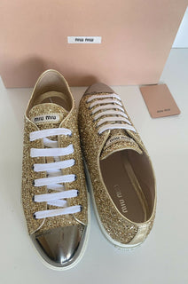 NIB Miu Miu Gold Glitter Damen Leder Metall Cap Toe Sneakers (40 Eu) 5E8998 