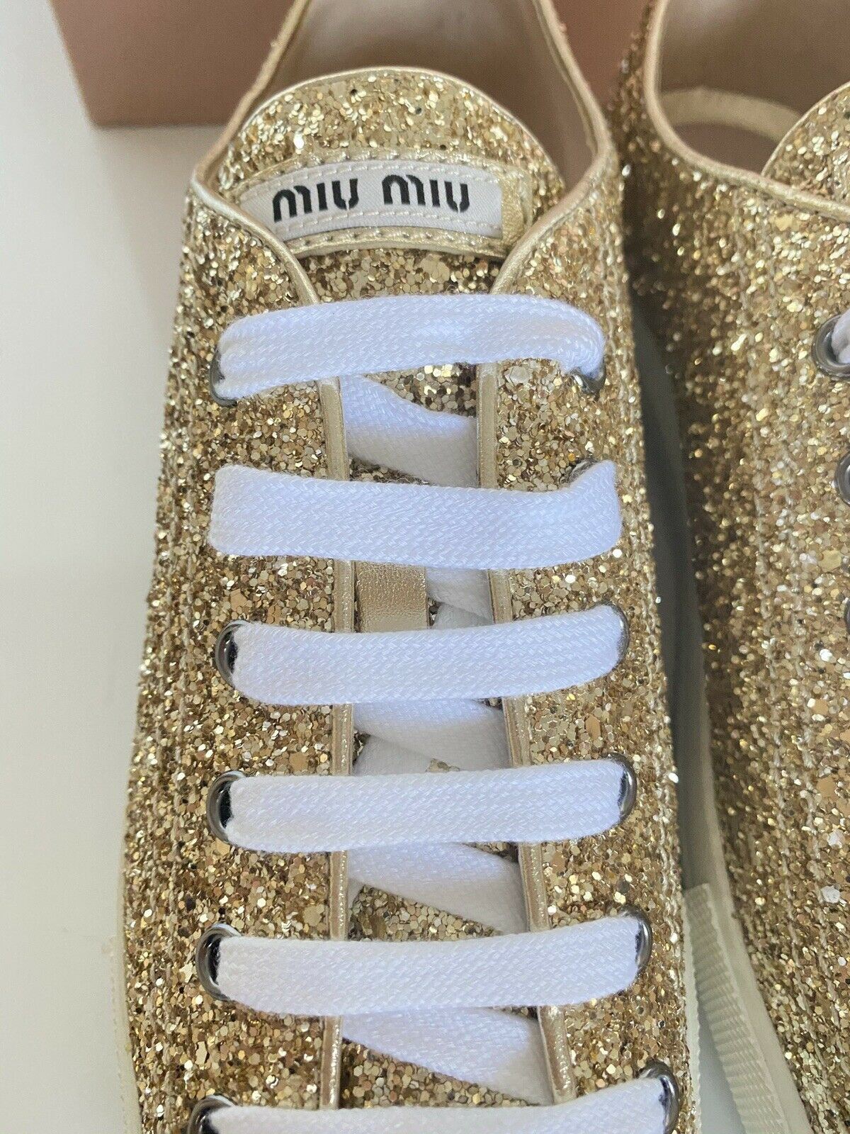 NIB Miu Miu Gold Glitter Women's Leather Metal Cap Toe Sneakers (40 Eu) 5E8998