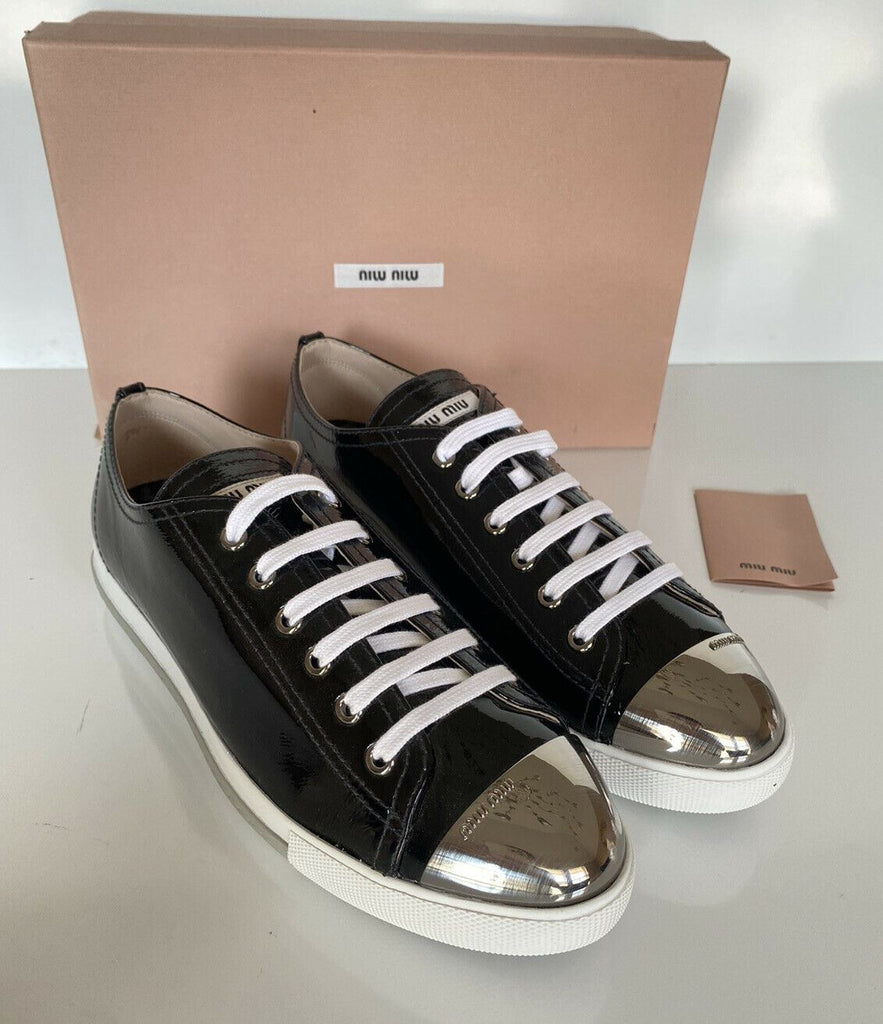 NIB Miu Miu Damen-Sneaker aus schwarzem Leder mit Metallkappe (40 Eu) 5E8998 IT 