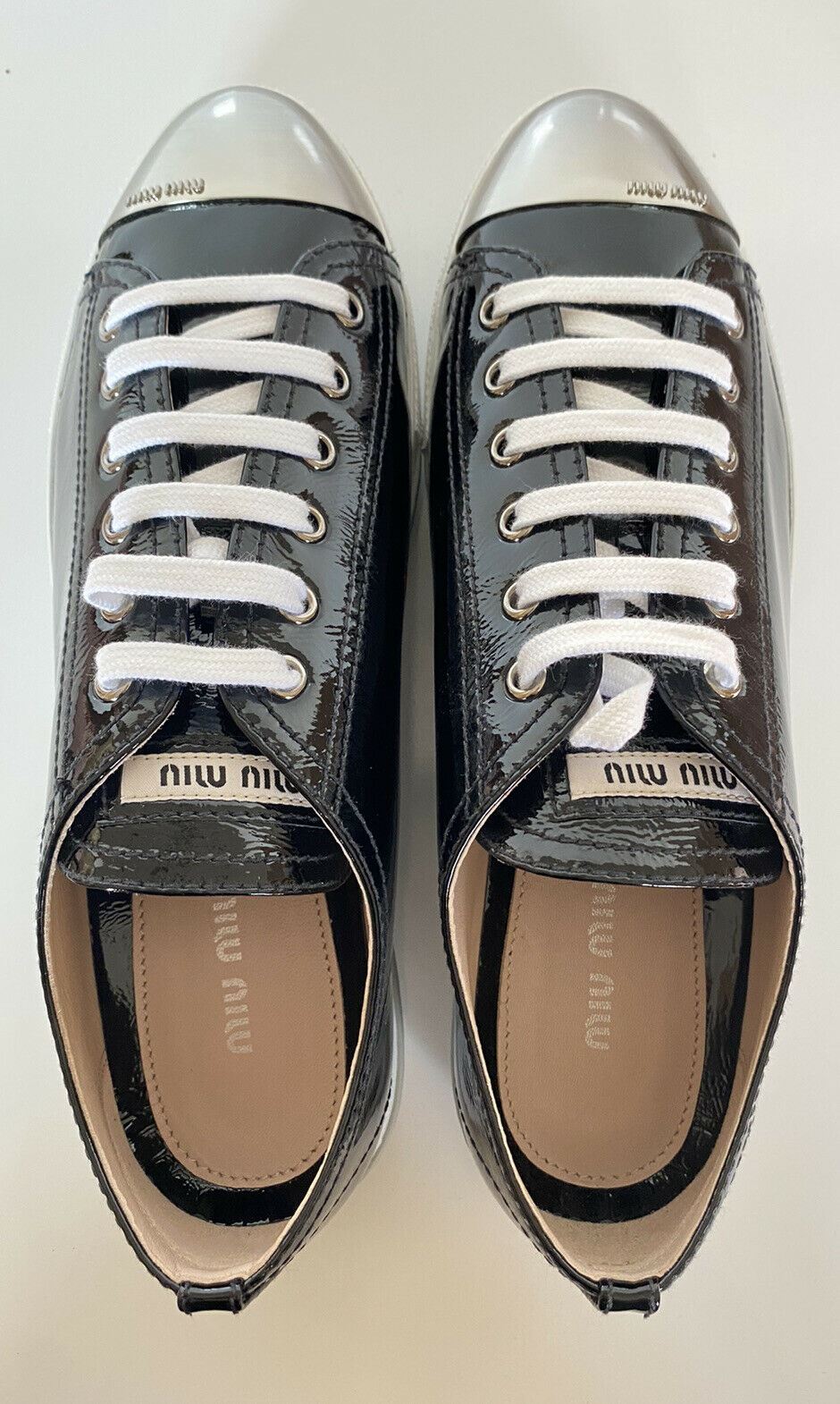 NIB Miu Miu Women's Black Leather Metal Cap Toe Sneakers (40 Eu) 5E8998 IT