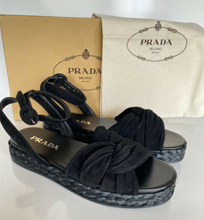 NIB Prada Damen-Espadrille-Sandale aus schwarzem Wildleder, 8 US 1X360L, Italien 
