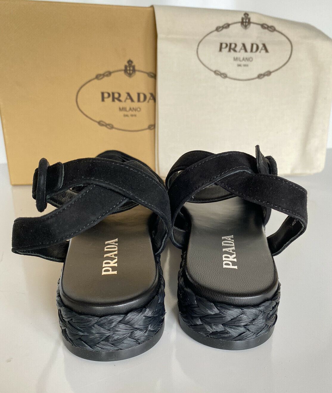 NIB Prada Women's Black Suede Espadrille Sandal 8 US 1X360L Italy