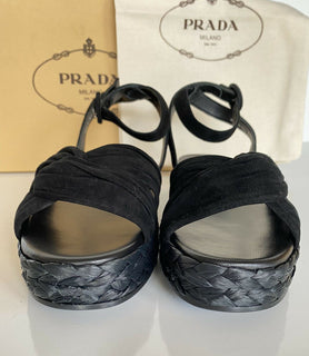 NIB Prada Damen-Espadrille-Sandale aus schwarzem Wildleder, 7,5 US 1X360L, Italien 