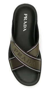 NIB $ 650 Prada Milano Herren Slides Sandalen Schwarz/Khaki/Weiß 8 US 2X3032 Italien 