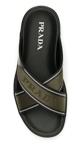 NIB $650 Prada Milano Mens Slides Sandals Black/Khaki/White 8 US 2X3032 Italy