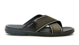NIB $ 650 Prada Milano Herren Slides Sandalen Schwarz/Khaki/Weiß 8 US 2X3032 Italien 
