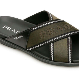 NIB $ 650 Prada Milano Herren Slides Sandalen Schwarz/Khaki/Weiß 8 US 2X3032 Italien 
