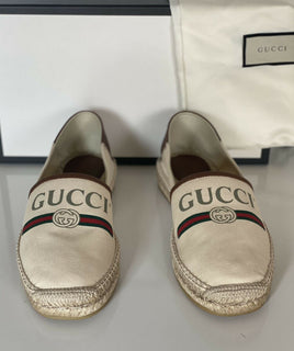 Neu mit Etikett: Gucci Herren-Espadrille mit klassischem Logo aus Canvas/Leder in Braun, 10,5 US IT 523203 